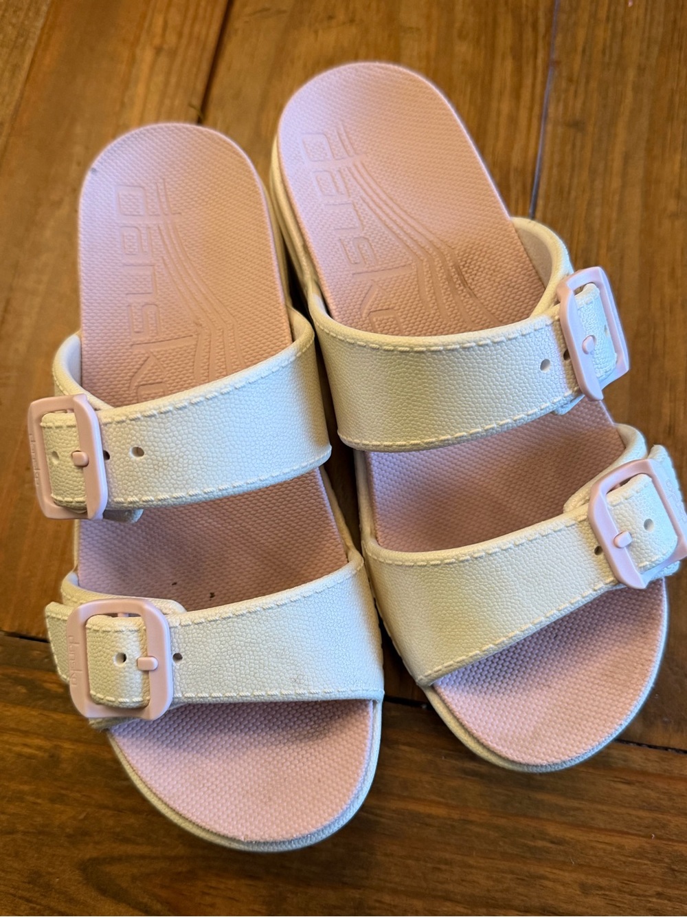 White and Pink Double-Buckle Sandals - Comfortable Slip-On Size 36